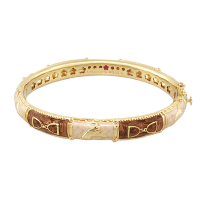 Equestrian Bangle Coral Stirrup by Lauren G Adams, gold-tone hinged bracelet with coral inlays on Tampa Home & Garden Store