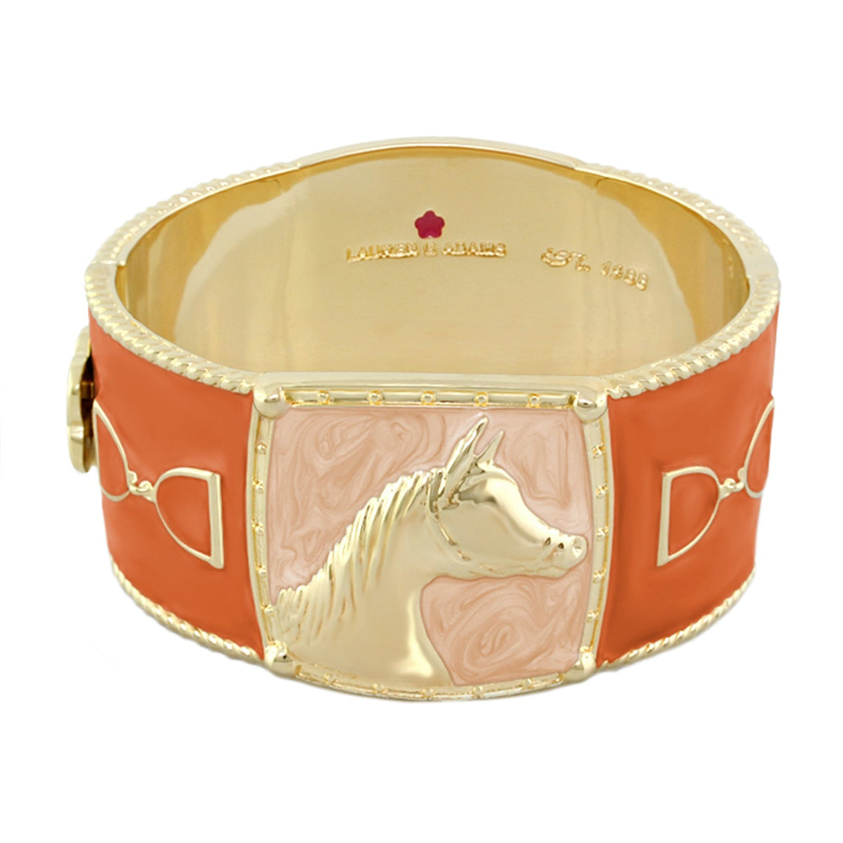 Equestrian Bangle Coral Horse Head by Lauren G Adams, gold-tone, hinged with safety lock on Tampa Home & Garden Store