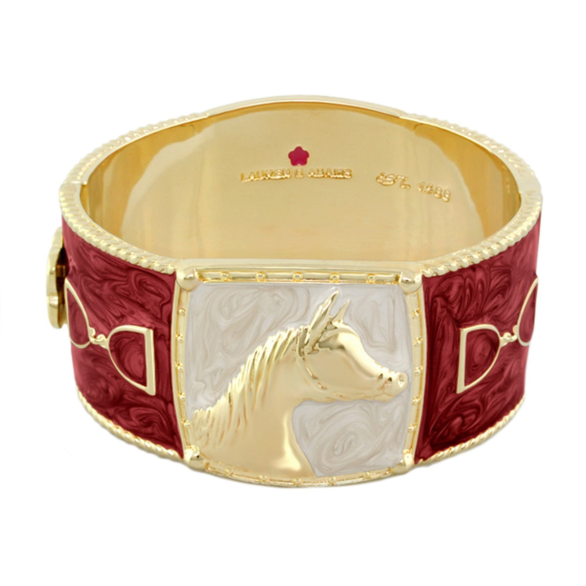 Equestrian Bangle Coral Horse Head by Lauren G Adams, hinged bracelet with red band on Tampa Home & Garden Store