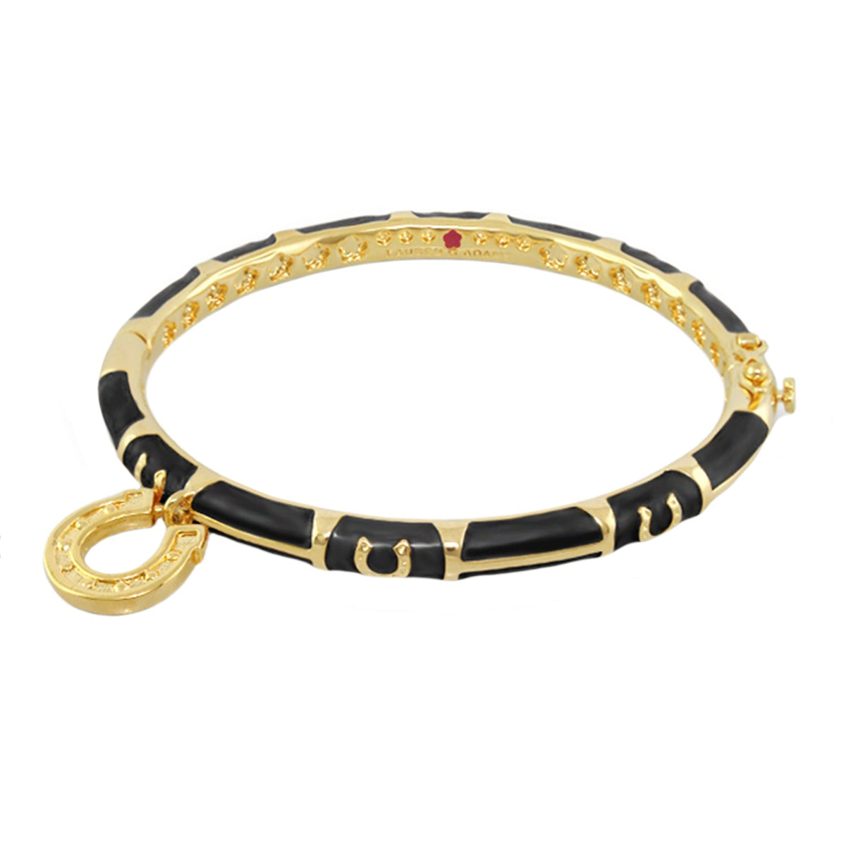 Equestrian Horseshoe Bangle charm bracelet in gold-tone with black enamel segments on Tampa Home & Garden Store