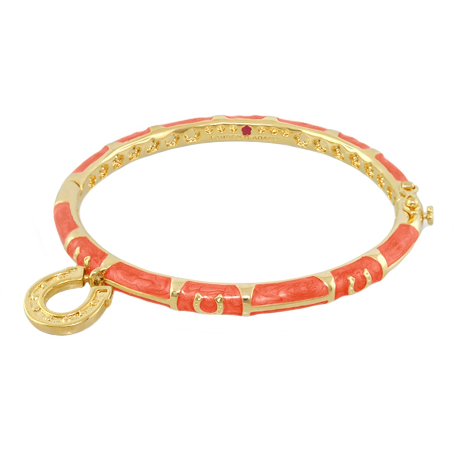 Equestrian horseshoe charm bangle with coral enamel segments in gold-tone metal on Tampa Home & Garden Store