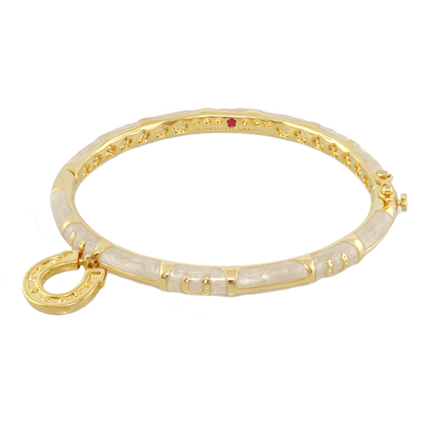 Equestrian horseshoe bangle with gold finish and ivory enamel segments and charm dangle on Tampa Home & Garden Store
