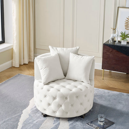White tufted swivel chair by HouseOfZazla with button tufting and caster wheels on Tampa Home & Garden Store