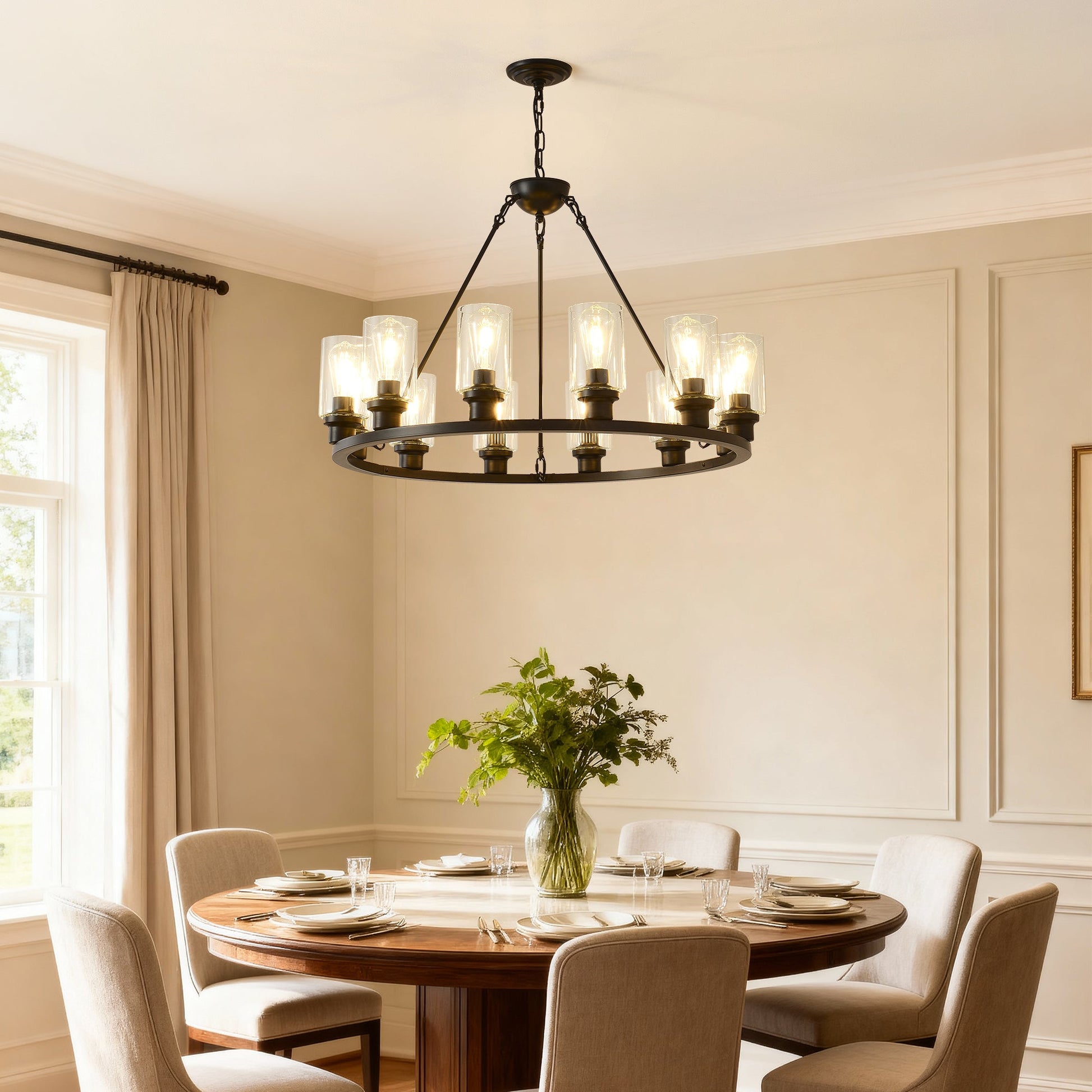 Black wagon wheel chandelier with glass shades, 31.5 inch modern farmhouse pendant light on Tampa Home & Garden Store