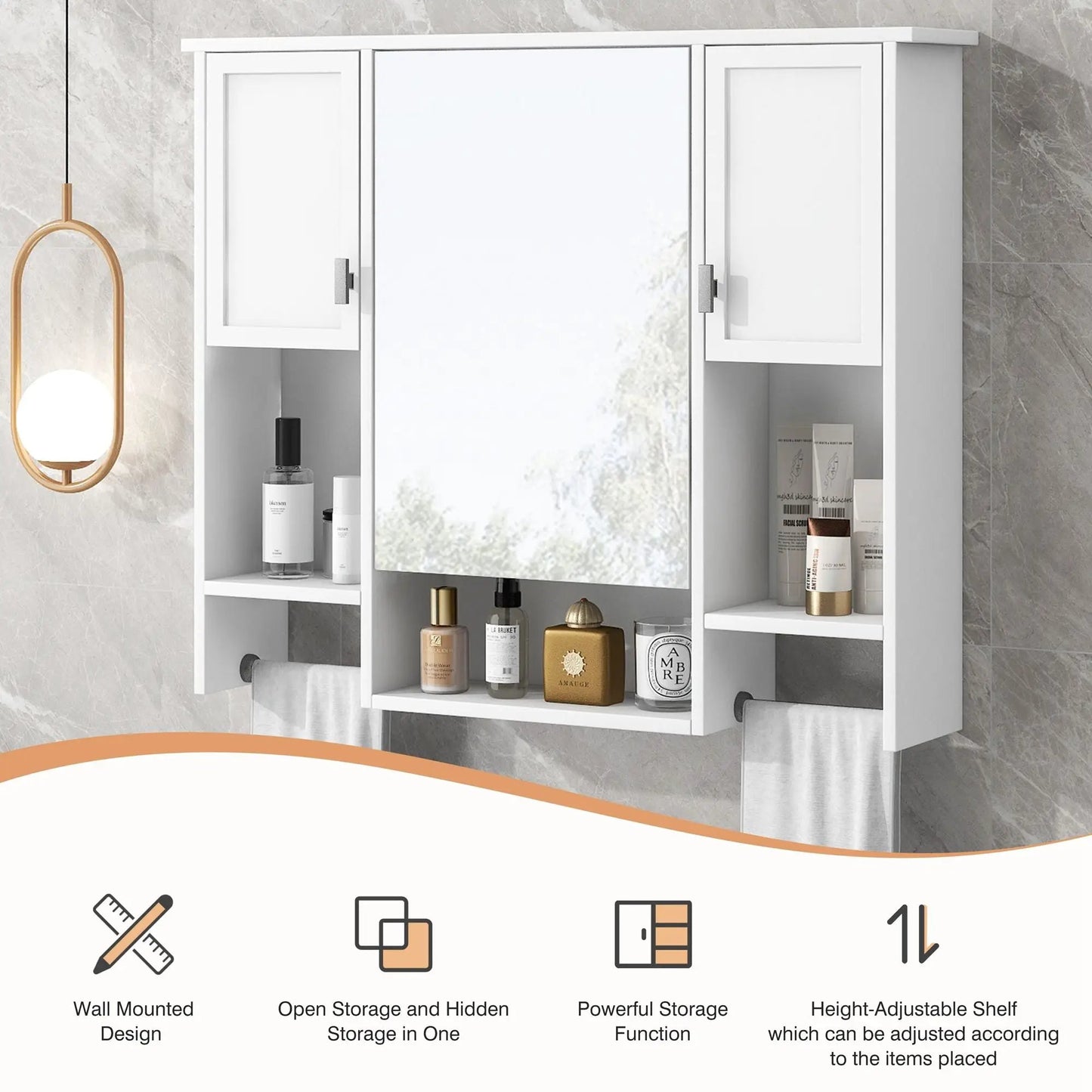 Wall mounted medicine cabinet with mirror center and two side doors, white finish, towel bars on Tampa Home & Garden Store