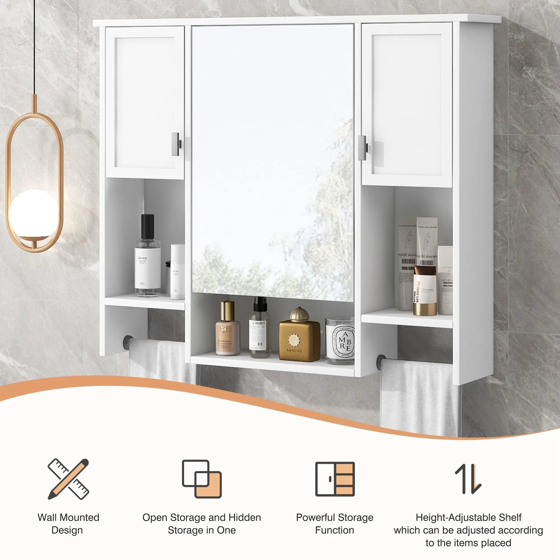 Wall mounted medicine cabinet with mirror center and two side doors, white finish, towel bars on Tampa Home & Garden Store