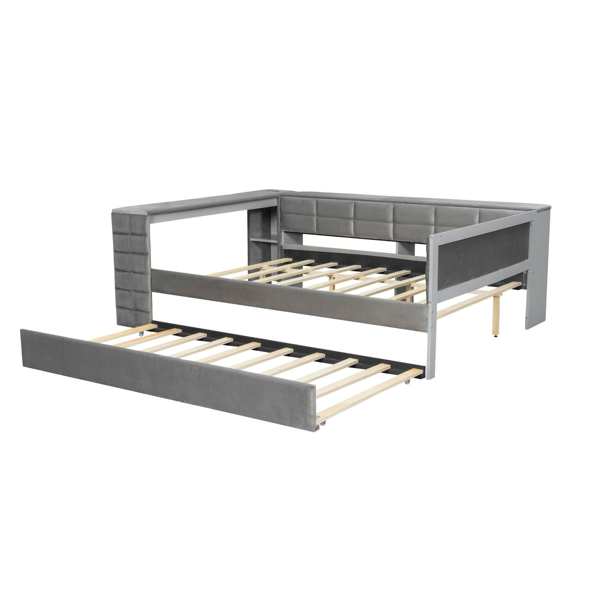 Gray upholstered platform bed with built-in storage shelves and pull-out trundle on Tampa Home & Garden Store