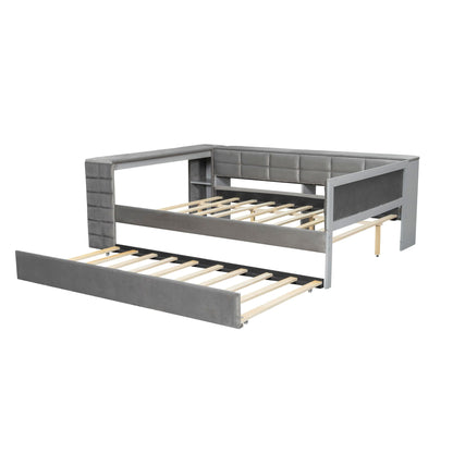 Gray upholstered platform bed with built-in storage shelves and pull-out trundle on Tampa Home & Garden Store