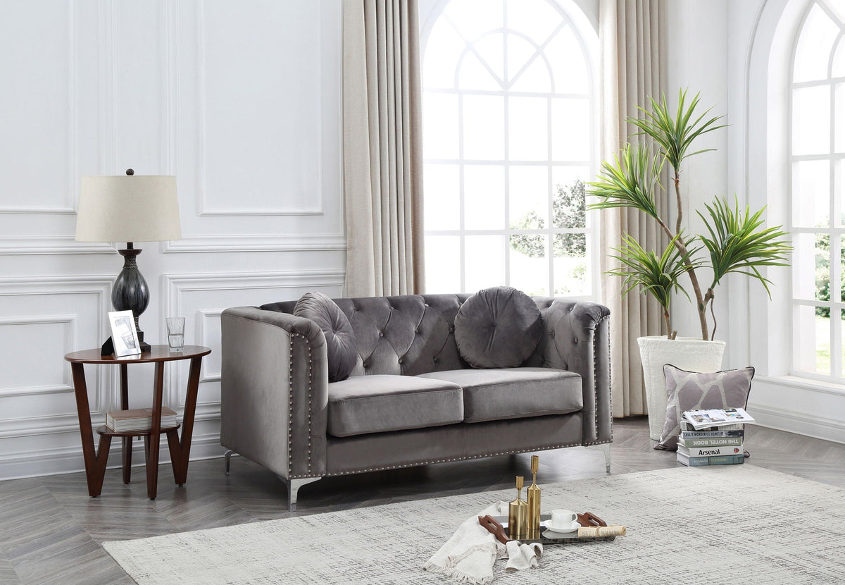 HouseOfZazla sloped-arm stationary loveseat in gray micro suede with tufted cushions on Tampa Home & Garden Store