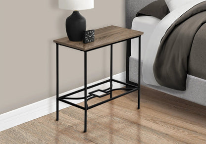 Accent Side Table narrow 2-tier with wood top and black metal frame, two decor pieces on top on Tampa Home & Garden Store