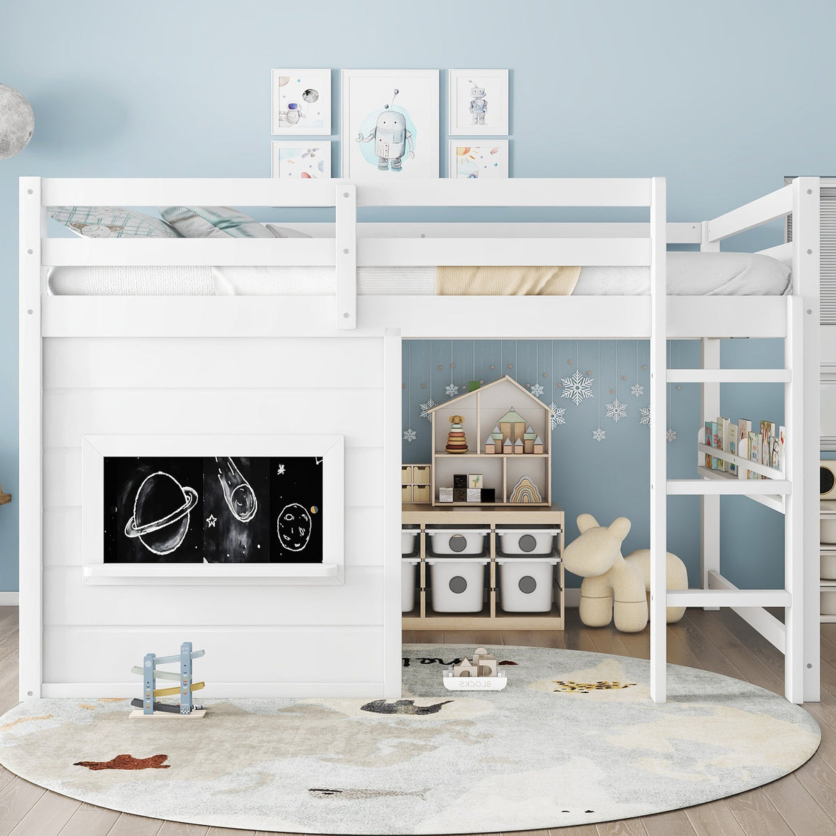 Full size loft bed with sliding chalkboard and built-in bookshelf white frame by HouseOfZazla on Tampa Home & Garden Store