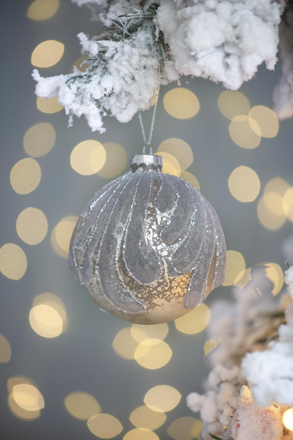 Decorative Hanging Glass Christmas Ball Ornaments Set 6 silver glass with frosted pattern on Tampa Home & Garden Store