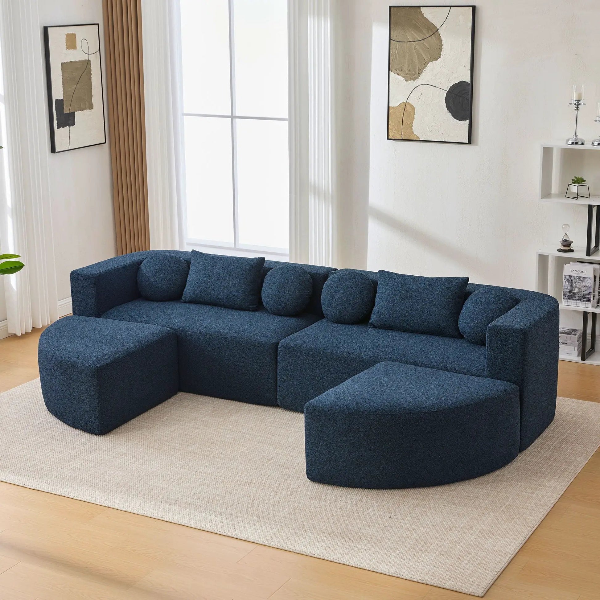 Boneless couch modular sectional sofa in dark blue with deep seating curved design on Tampa Home & Garden Store
