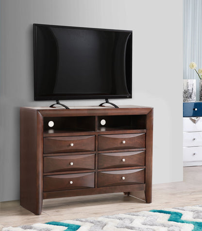 HouseOfZazla media chest with modern beveled drawer fronts in dark wood, TV on top on Tampa Home & Garden Store