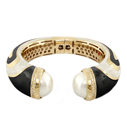 Chunky Town Bangle Wave Cuff by Lauren G Adams, gold-tone with black enamel and pearl ends on Tampa Home & Garden Store