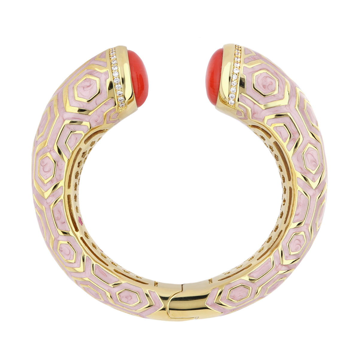 Chunky Town Bangle Honeycomb Cuff by Lauren G Adams, pink enamel with gold hex pattern on Tampa Home & Garden Store