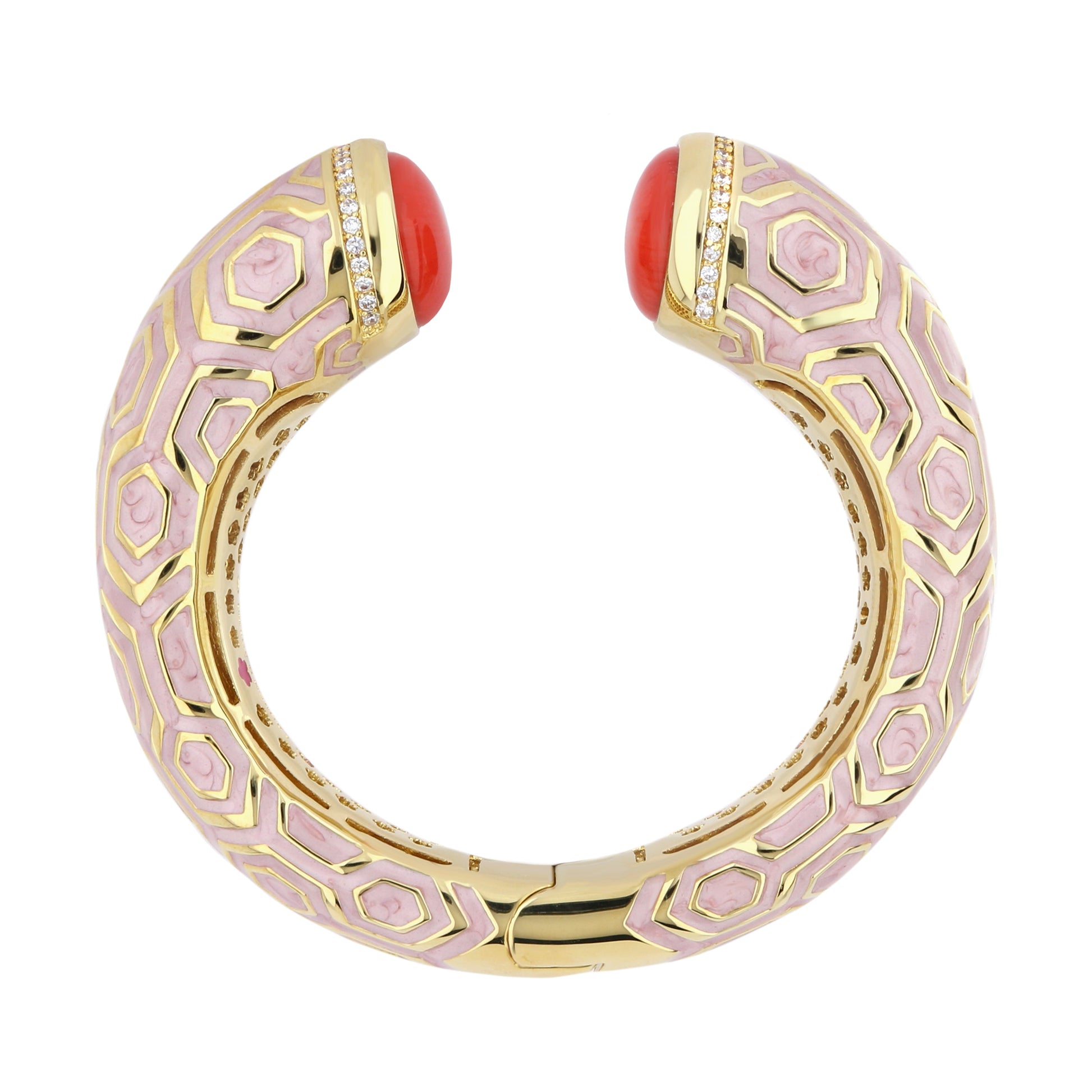 Chunky Town Bangle Honeycomb Cuff by Lauren G Adams, pink enamel with gold hex pattern on Tampa Home & Garden Store