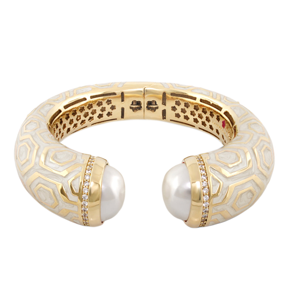 Chunky Town Bangle Honeycomb Cuff gold-tone bracelet with pearl ends pavé diamonds Lauren G Adams on Tampa Home & Garden Store
