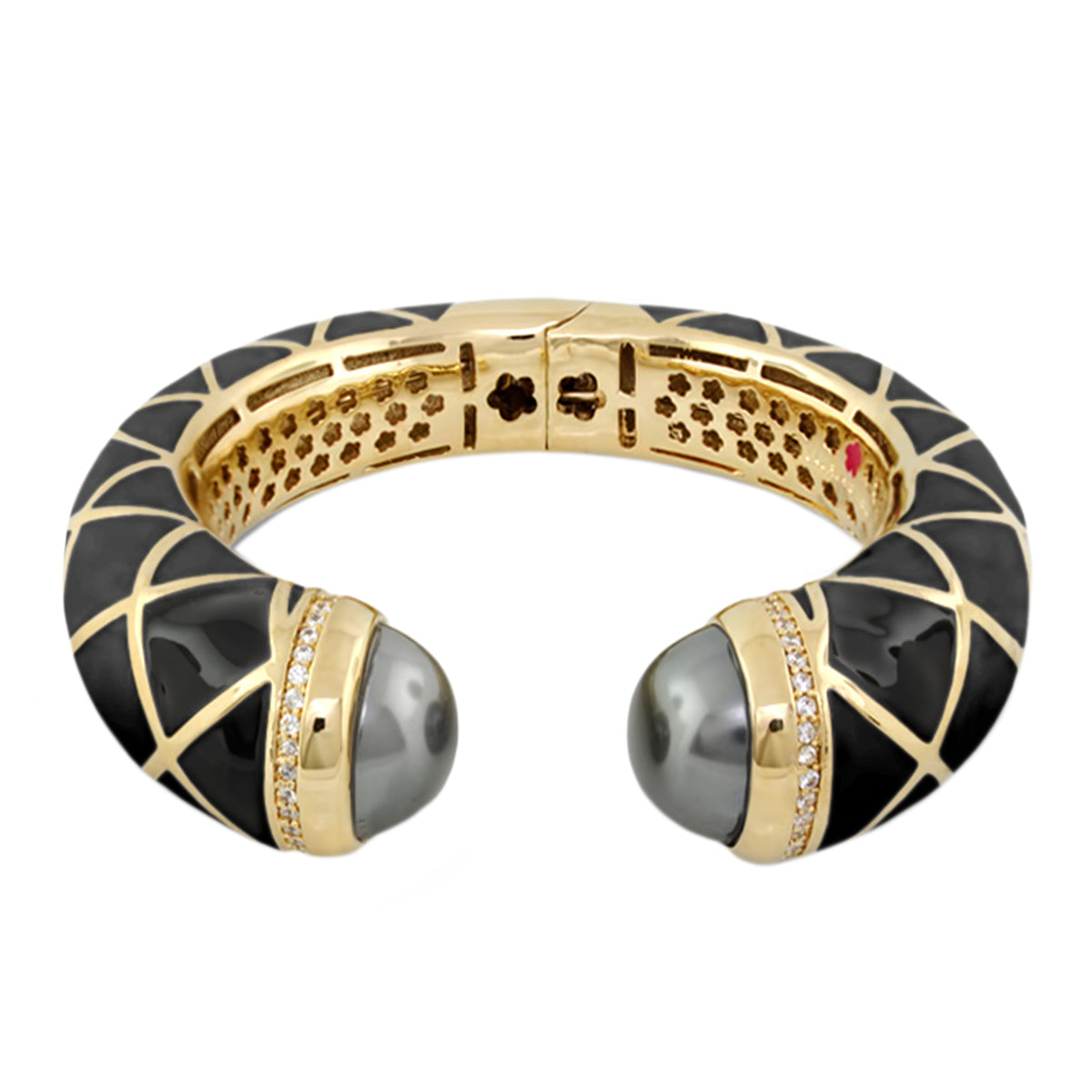 Hinged lattice cuff in black enamel with gold lattice and gray cabochon ends Lauren G Adams on Tampa Home & Garden Store