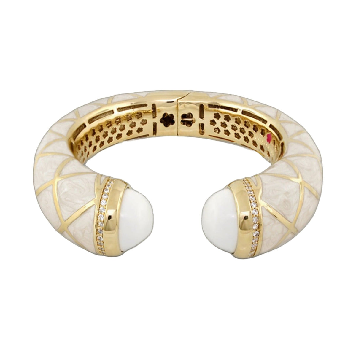 Chunky Town Bangle Lattice Cuff hinged bangle in gold-tone with white inlay by Lauren G Adams on Tampa Home & Garden Store