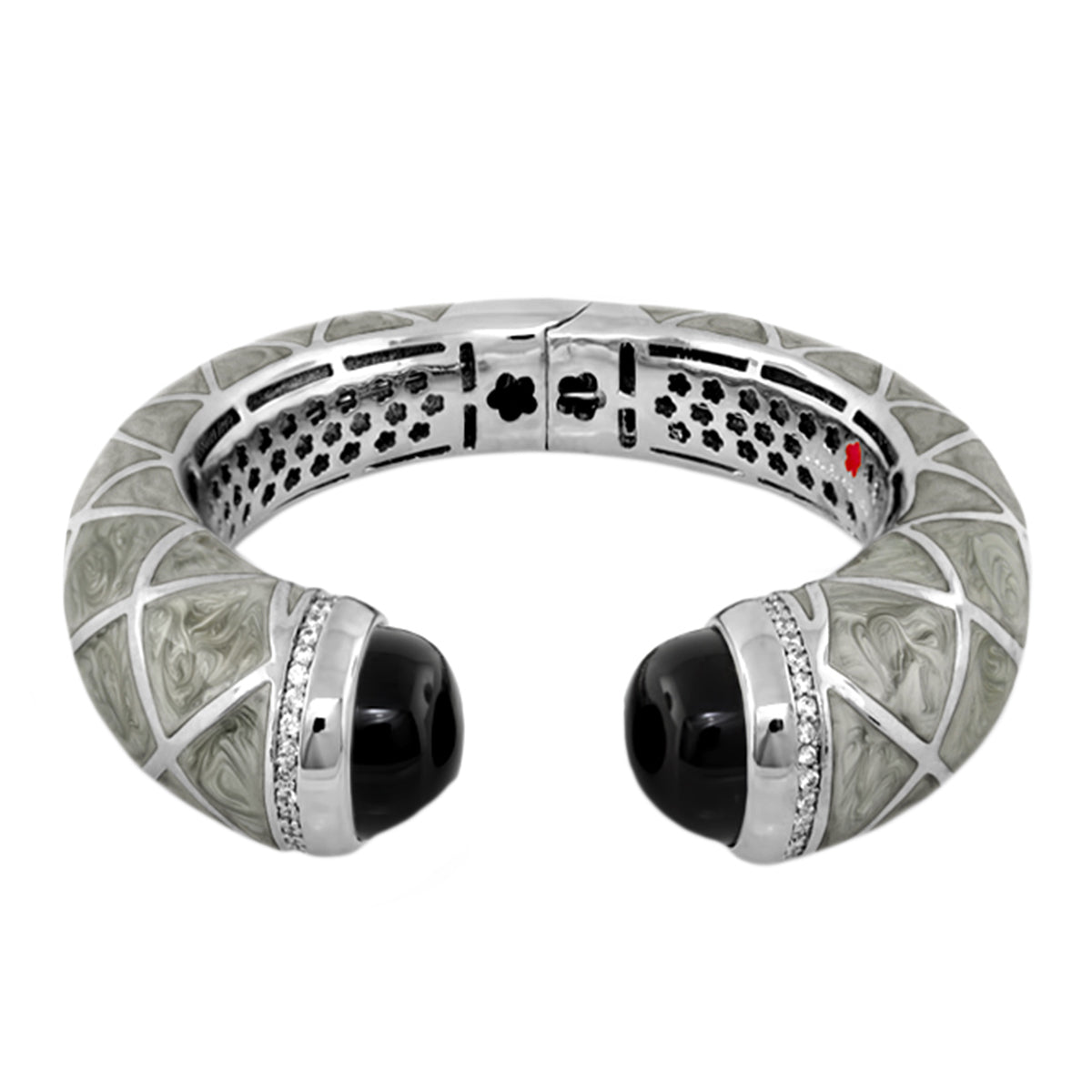 Chunky Town Bangle Lattice Cuff hinged by Lauren G Adams, silver bracelet with black onyx ends on Tampa Home & Garden Store