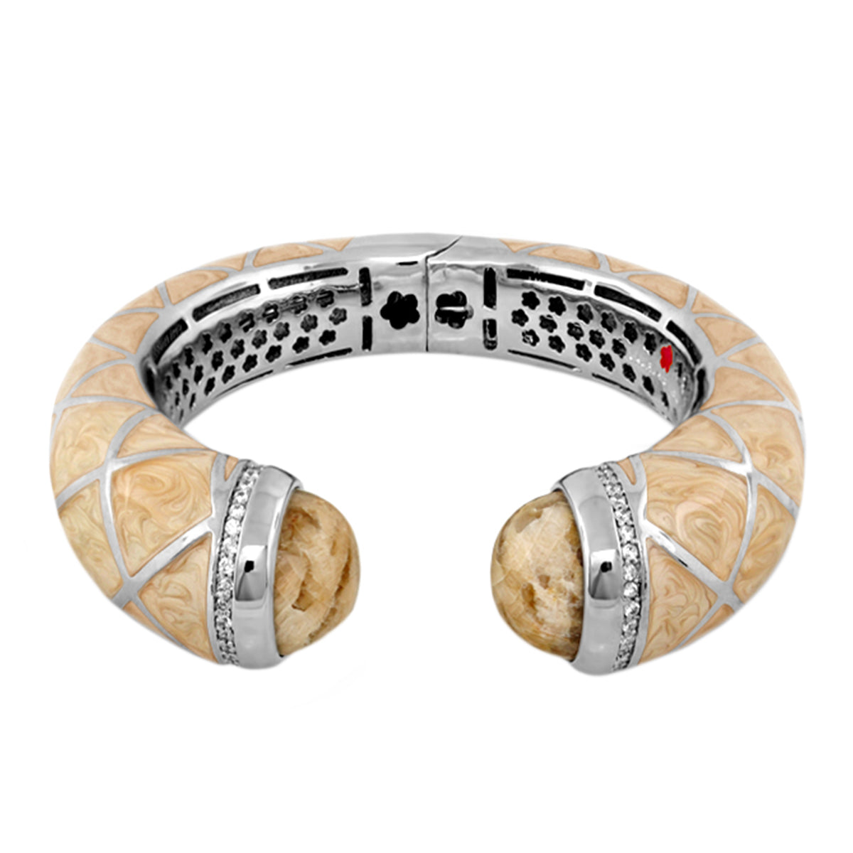 Chunky Town Bangle — Lattice Cuff hinged bracelet with beige lattice and wood-textured end caps on Tampa Home & Garden Store