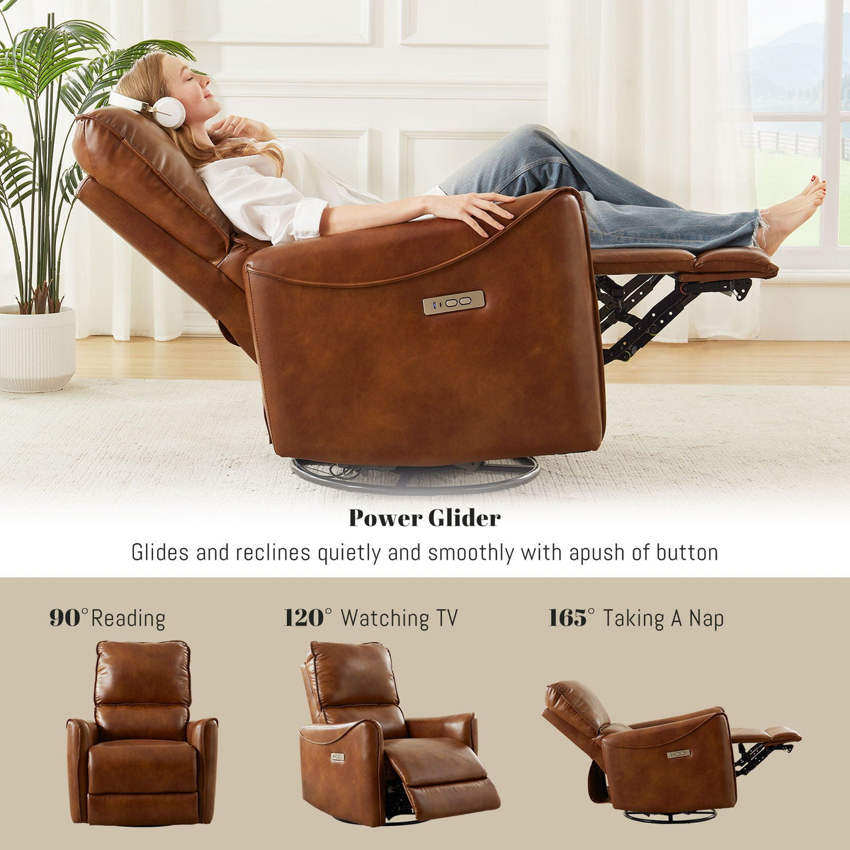 Electric recliner chair in brown leather with rocker and swivel base by HouseOfZazla on Tampa Home & Garden Store
