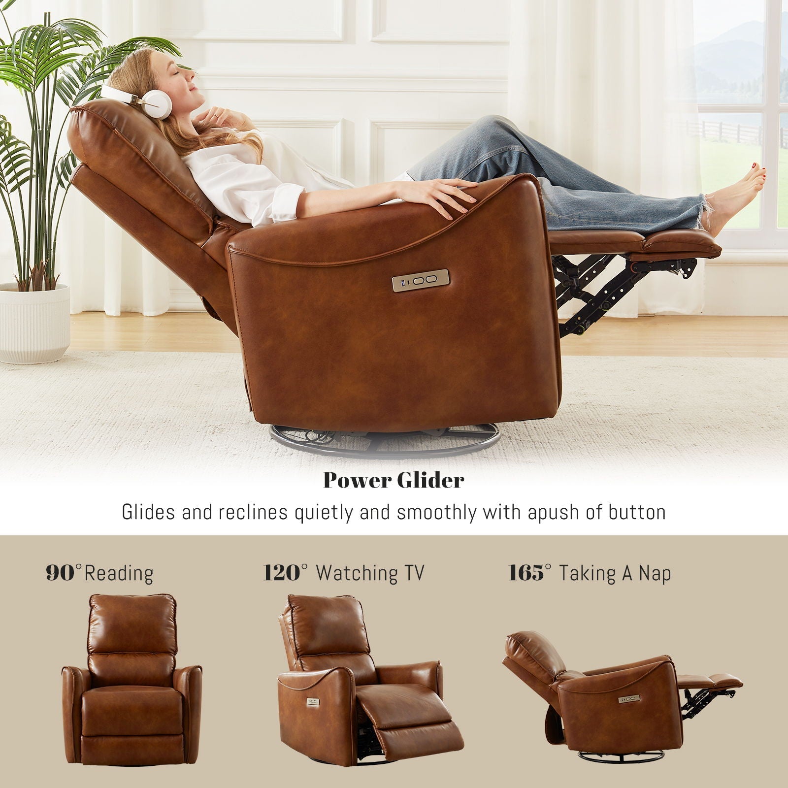 Electric recliner chair in brown leather with rocker and swivel base by HouseOfZazla on Tampa Home & Garden Store