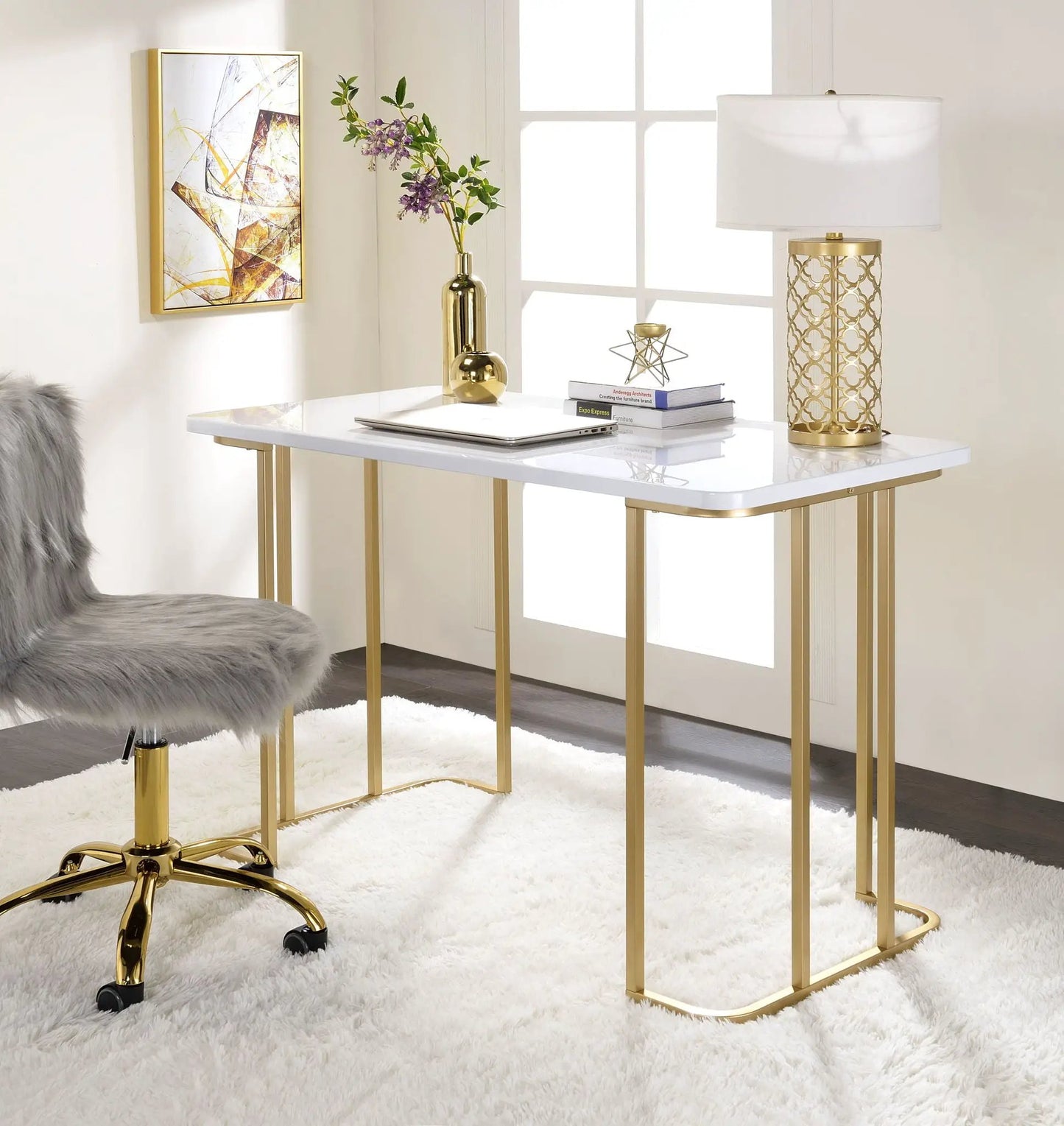 Estie Writing Desk White and Gold Finish