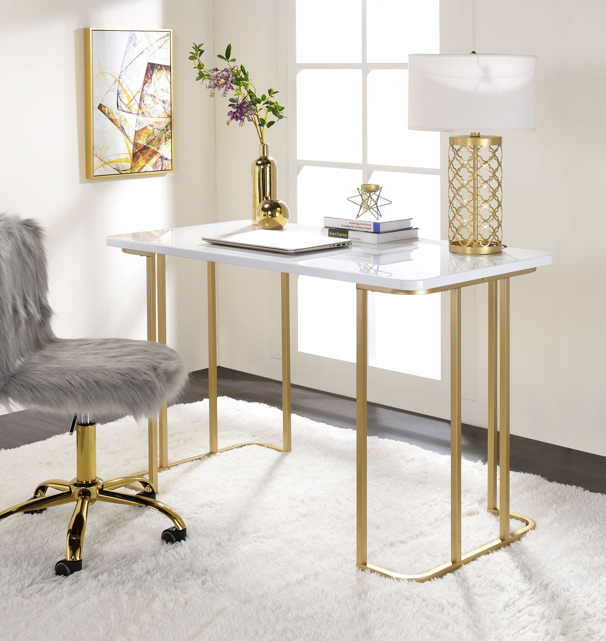 Estie Writing Desk White and Gold with glass top and gold frame by HouseOfZazla on Tampa Home & Garden Store