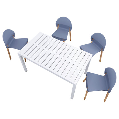 4 blue ergonomic polypropylene outdoor chairs with wooden legs around a white slatted table on Tampa Home & Garden Store