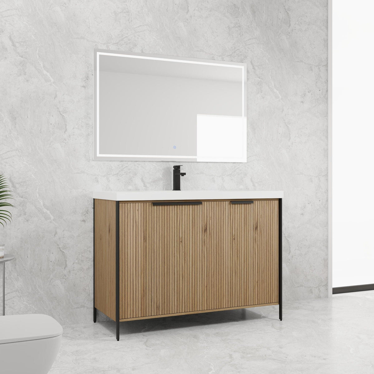Modern freestanding vanity with resin sink, soft-close doors, cabinet with black legs on Tampa Home & Garden Store