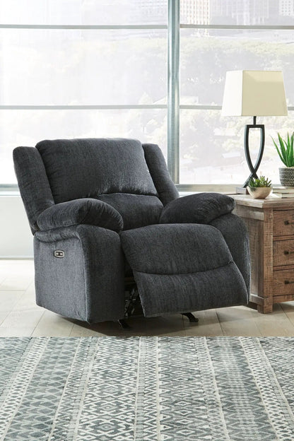 Draycoll rocker recliner in dark gray fabric with plush cushions on Tampa Home & Garden Store