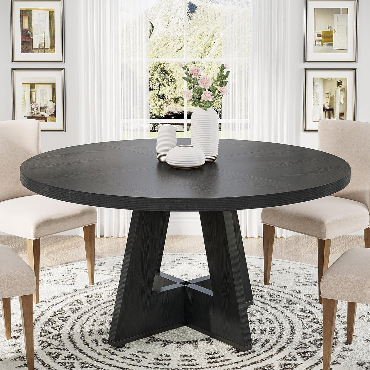 Round dining cross-base kitchen table with 4 beige upholstered chairs by HouseOfZazla on Tampa Home & Garden Store
