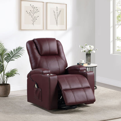 Macklin Power Lift Massage Recliner with heat in burgundy leatherette and dual cupholders on Tampa Home & Garden Store
