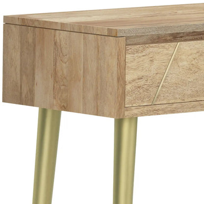 Jager console table, natural wood finish with gold metal legs and angled brass drawer accent on Tampa Home & Garden Store