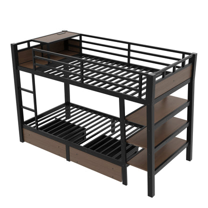 Twin size metal bunk bed frame in black with storage shelves and light strip USB power strip on Tampa Home & Garden Store