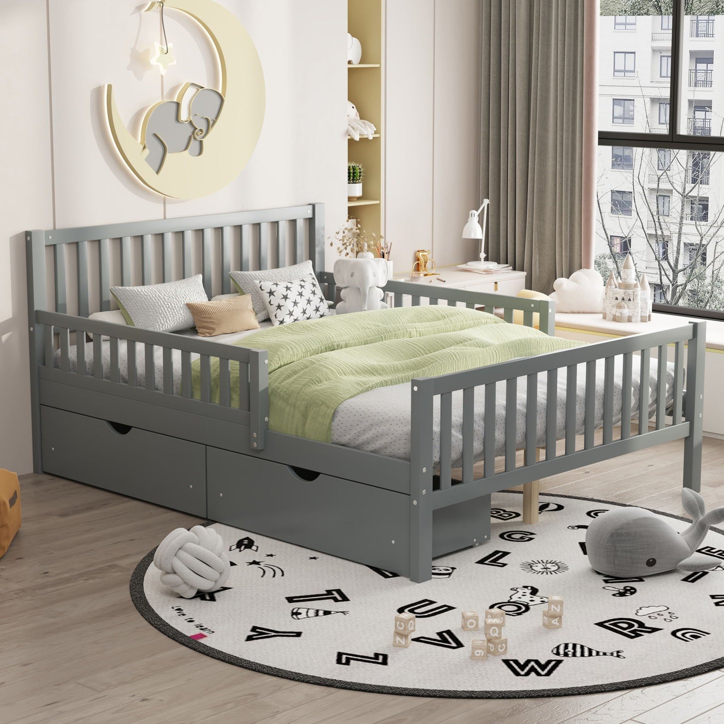 Platform bed with guardrails on both sides and two under-bed drawers in gray by HouseOfZazla on Tampa Home & Garden Store