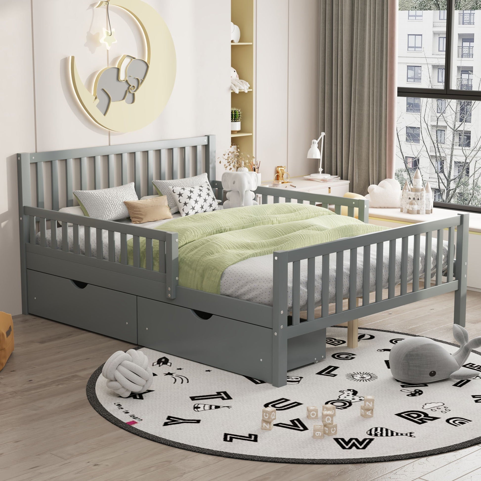 Platform bed with guardrails on both sides and two under-bed drawers in gray by HouseOfZazla on Tampa Home & Garden Store