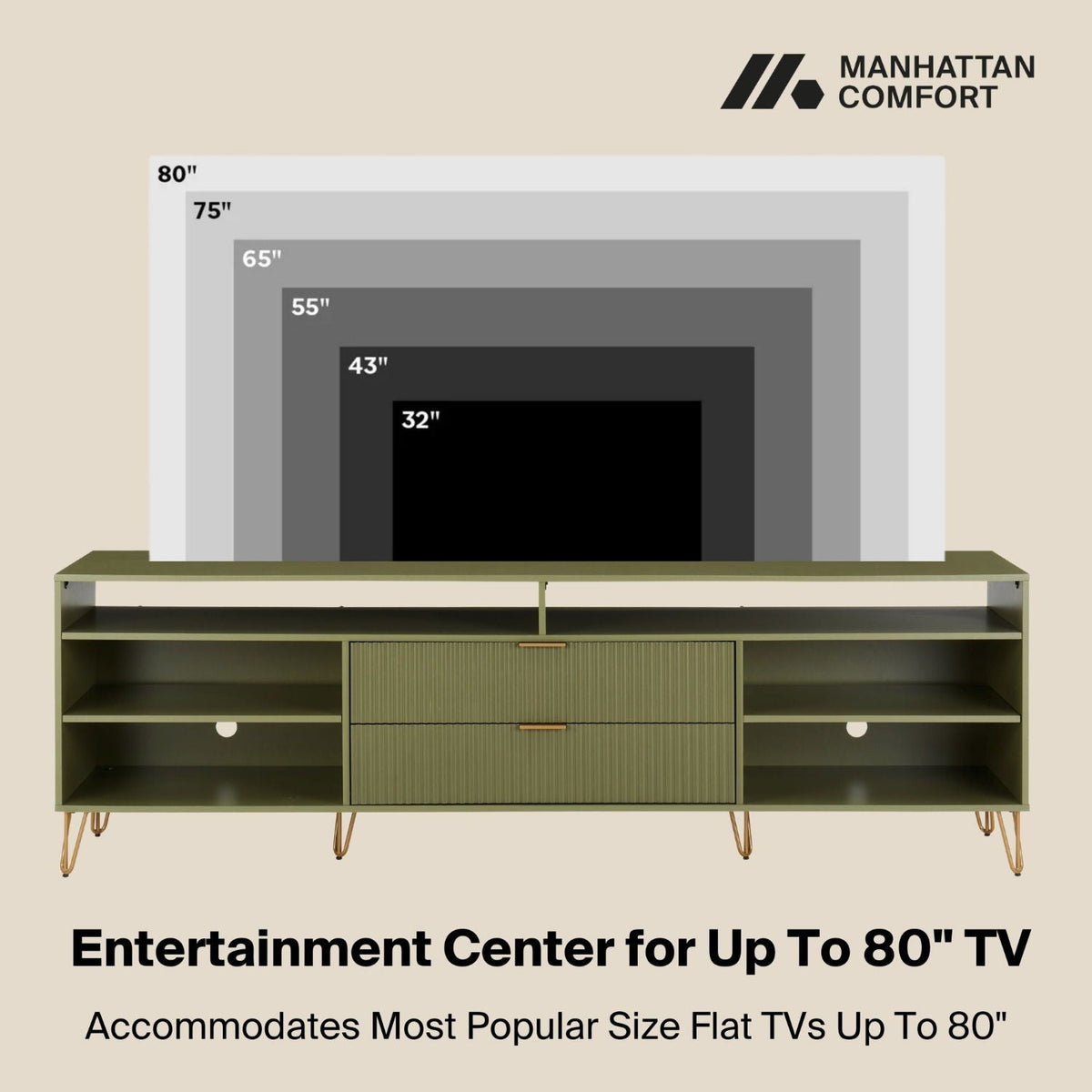 Fluted TV Stand with storage and metal legs in olive green, shelves and ribbed drawers on Tampa Home & Garden Store