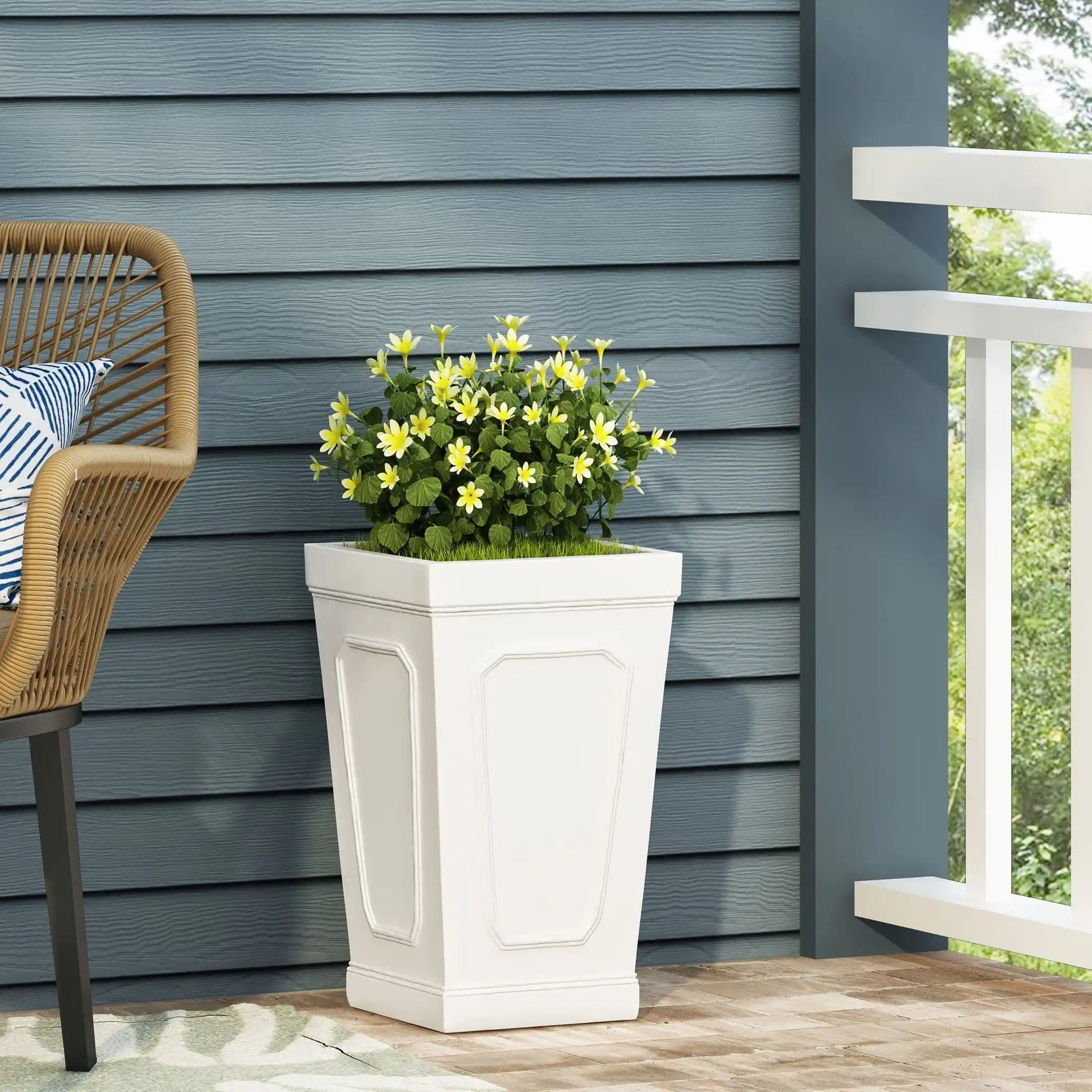 Outdoor Planter HouseOfZazla tall white square planter with decorative panels on Tampa Home & Garden Store