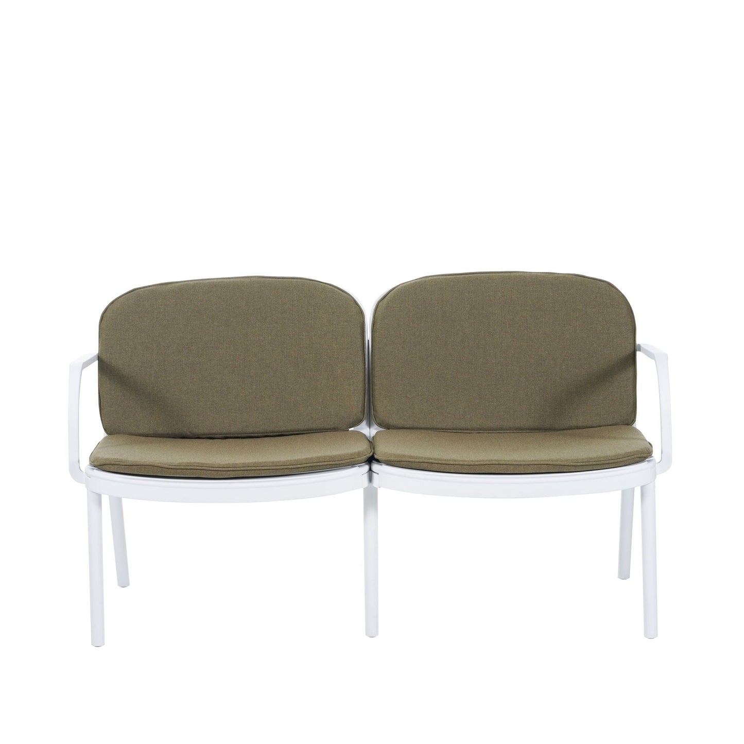 Luna Outdoor Patio Loveseat, olive-brown cushions, white metal frame, 2-seat outdoor furniture on Tampa Home & Garden Store