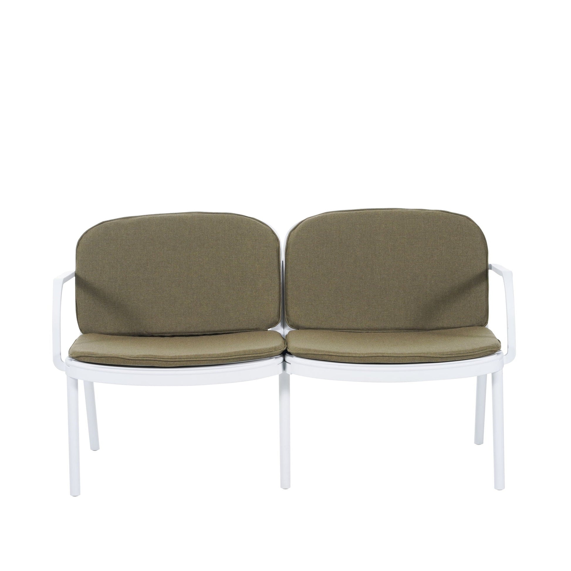 Luna Outdoor Patio Loveseat, olive-brown cushions, white metal frame, 2-seat outdoor furniture on Tampa Home & Garden Store