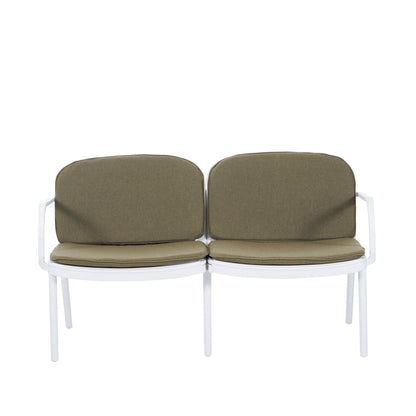 Luna Outdoor Patio Loveseat, olive-brown cushions, white metal frame, 2-seat outdoor furniture on Tampa Home & Garden Store