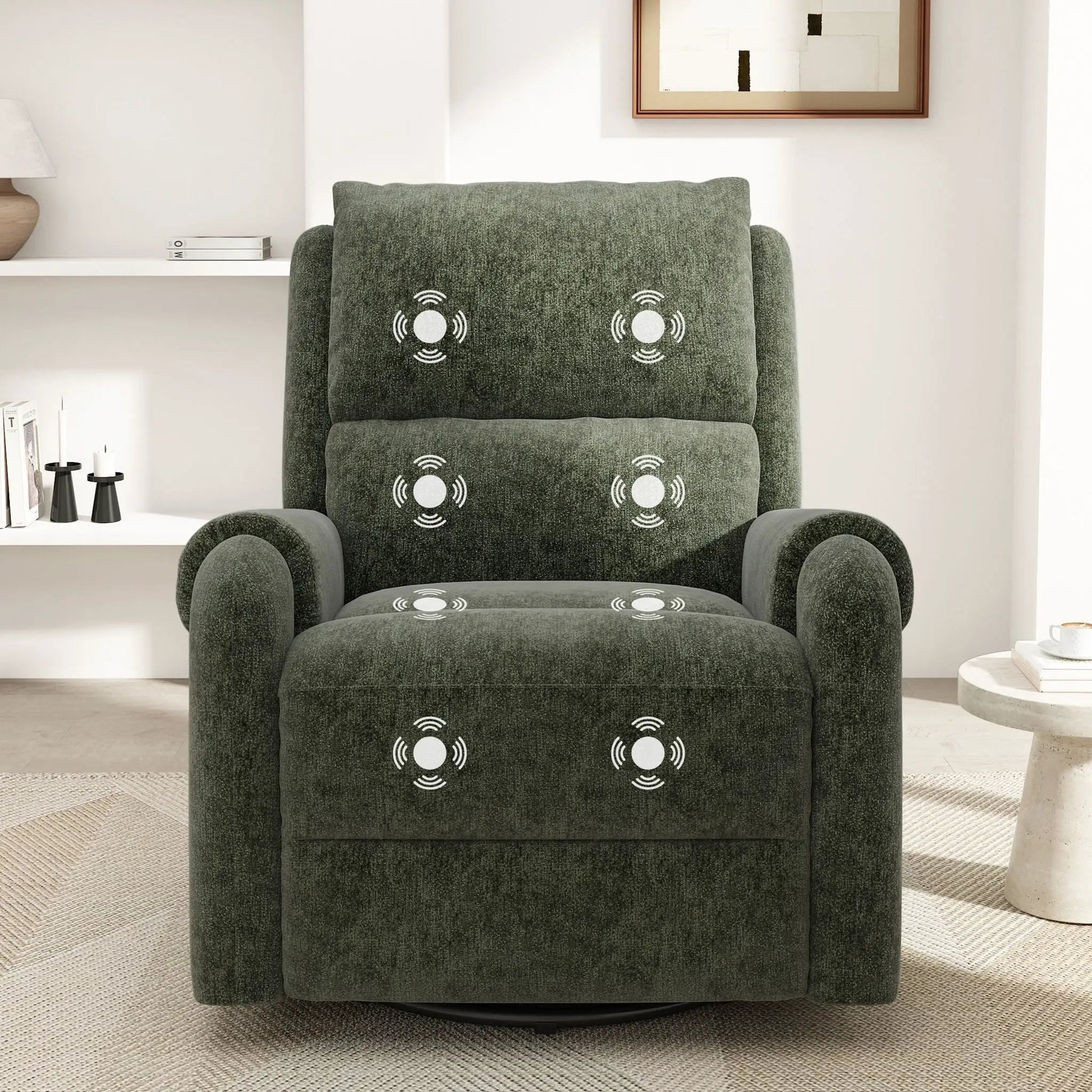 Manual recliner massage chair with swivel rocker in dark green fabric; matching footrest on Tampa Home & Garden Store