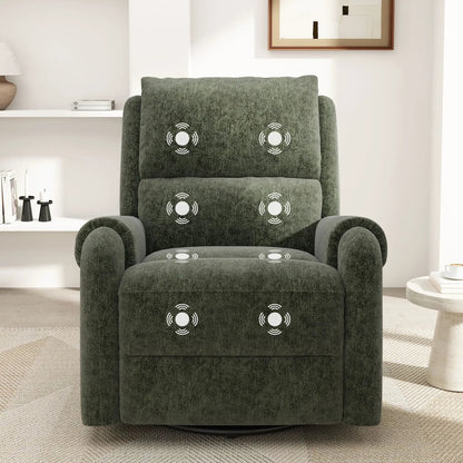 Manual recliner massage chair with swivel rocker in dark green fabric; matching footrest on Tampa Home & Garden Store