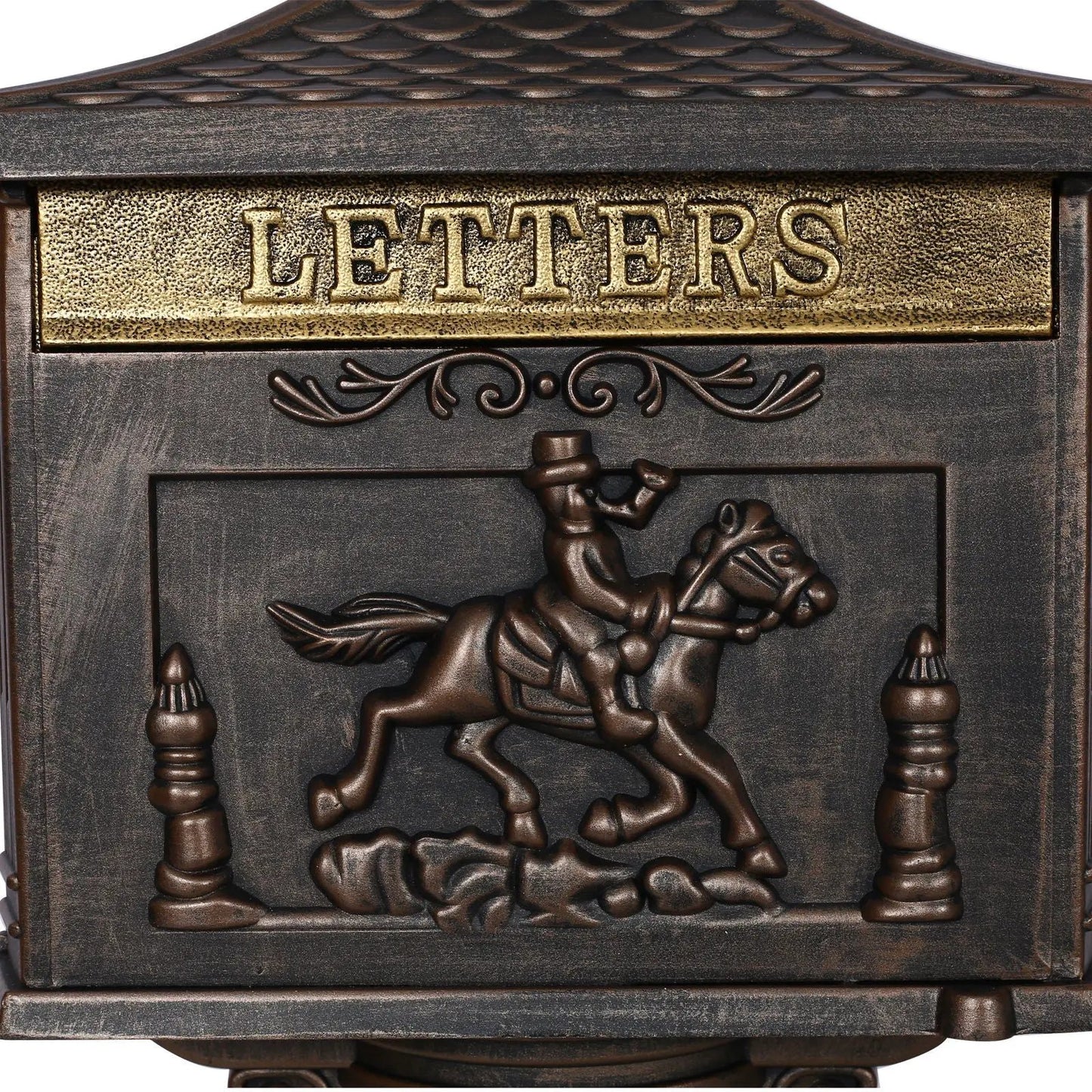 Cast aluminum mailbox outdoor decor with gold-lettered LETTERS plaque and ornate relief on Tampa Home & Garden Store