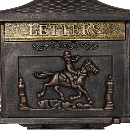 Cast aluminum mailbox outdoor decor with gold-lettered LETTERS plaque and ornate relief on Tampa Home & Garden Store