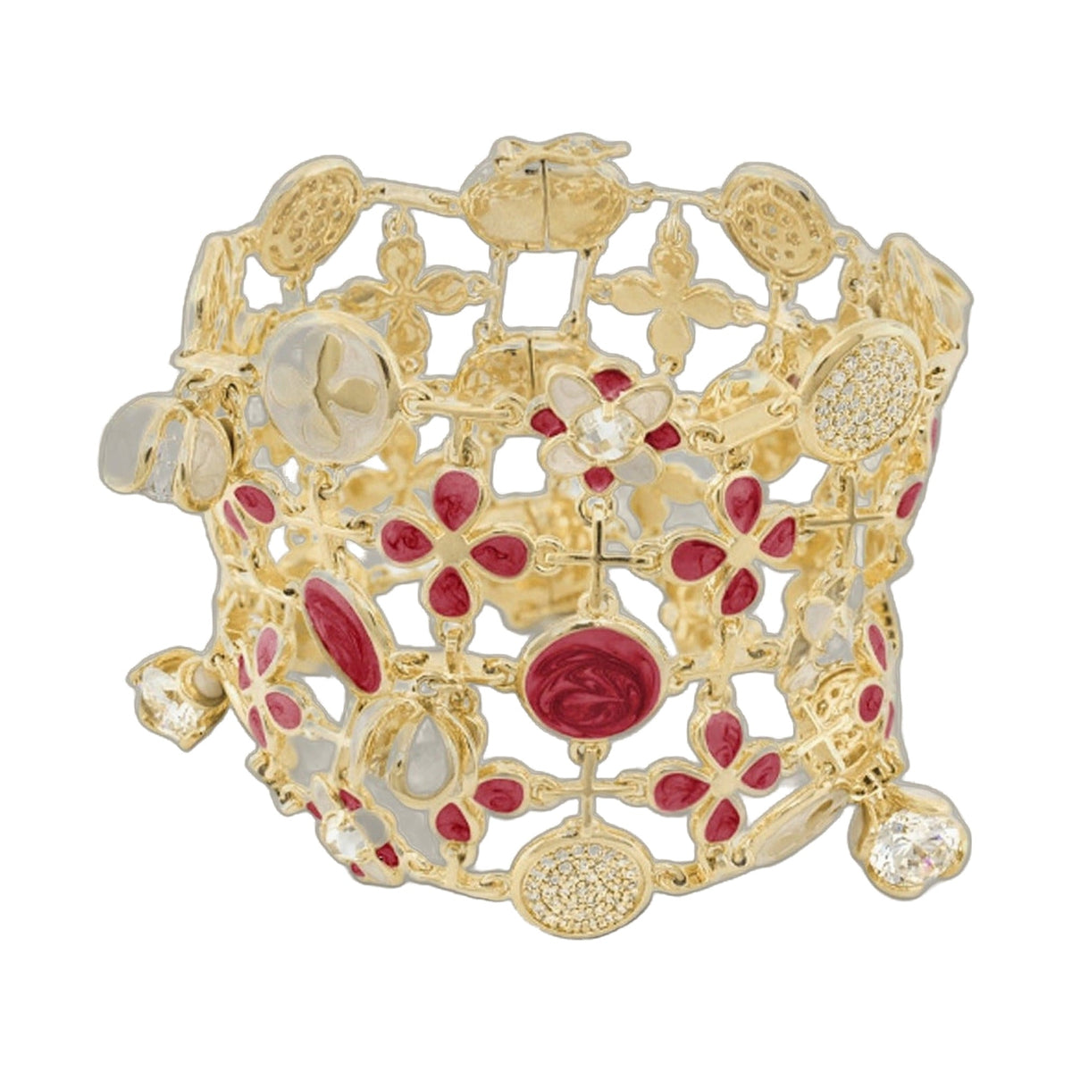 Bracelet: Beautiful Blossom by Lauren G Adams, gold-tone floral lattice with red stones on Tampa Home & Garden Store