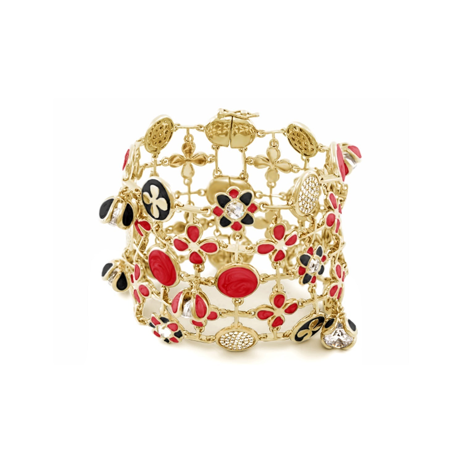 Beautiful Blossom Bracelet gold-tone with red/black enamel flower charms and crystals on Tampa Home & Garden Store